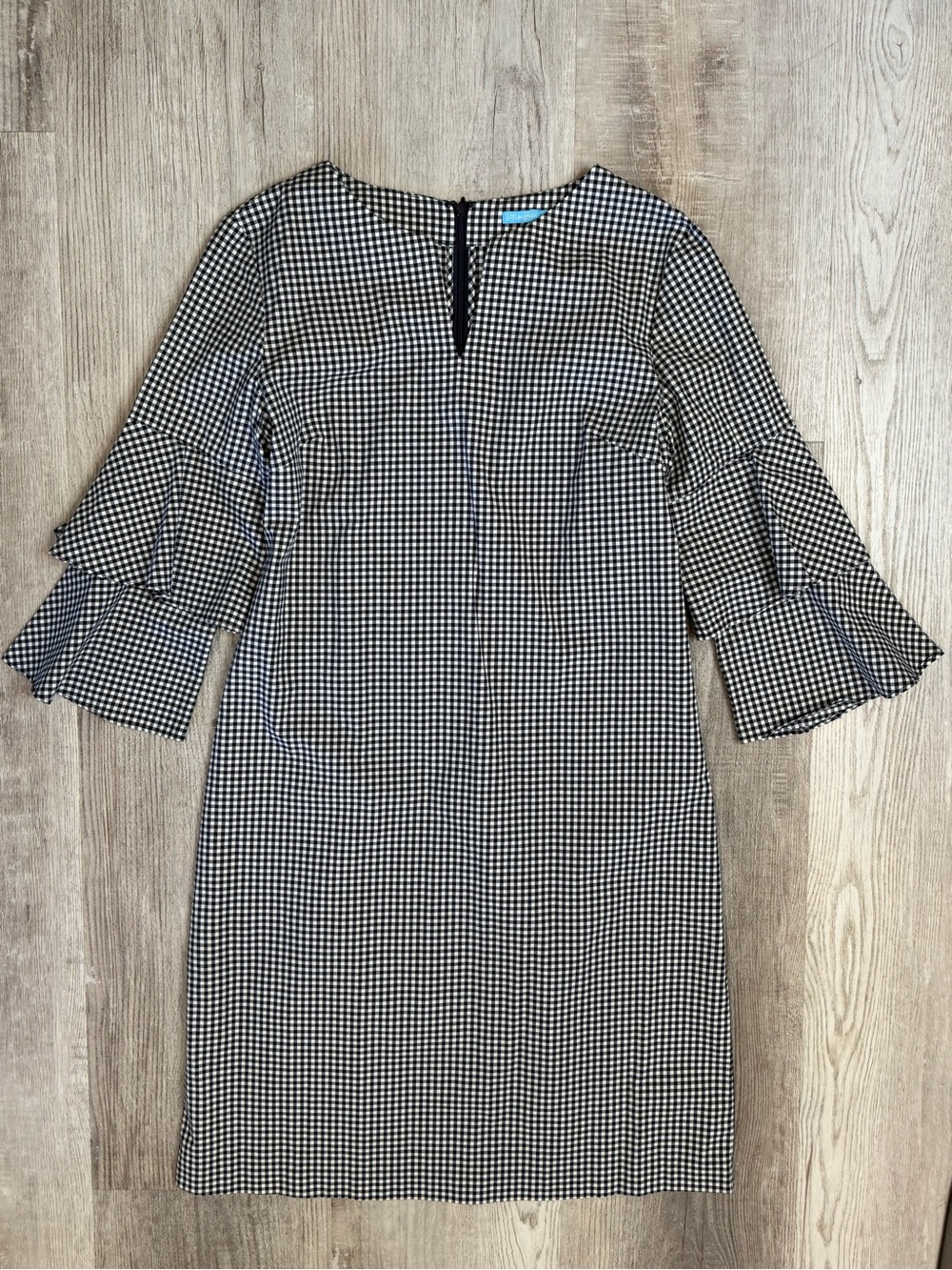 J. McLaughlin Letty Gingham Ruffle Bell Sleeve Sheath Dress Navy White size M - Picture 3 of 14